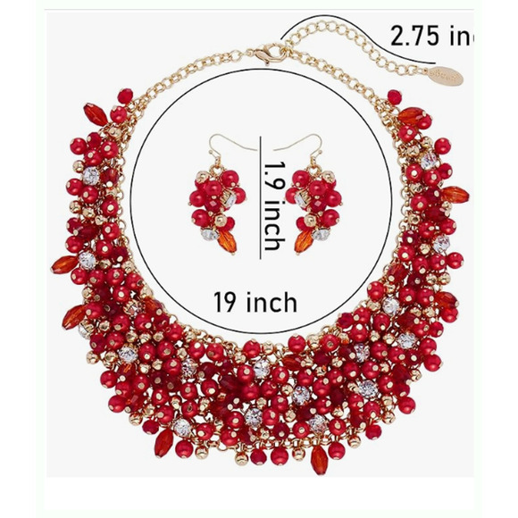 Red Pearlized Necklace Set Christmas Bling Gold Rhinestone Beaded Drop Earrings - Picture 4 of 8